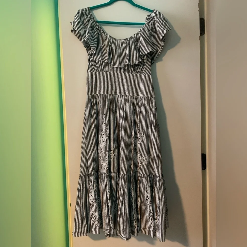 NWT Tory Burch Eyelet Embroidered Seersucker Midi On Off Shoulder Ruffle Dress 4 - Picture 4 of 11